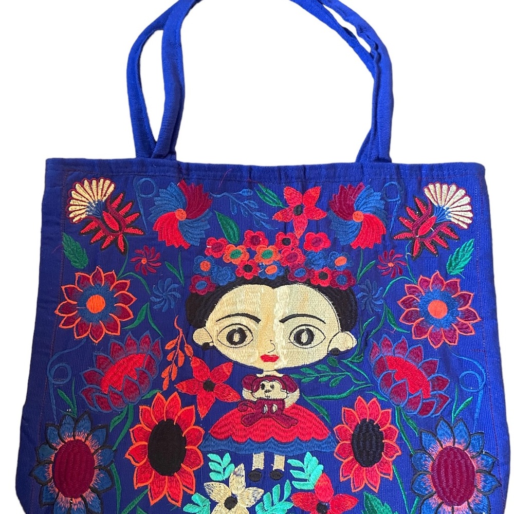 Little Frida Tote, Embroidered Tote, Mexican Embroidered Tote, Royal Blue Tote
